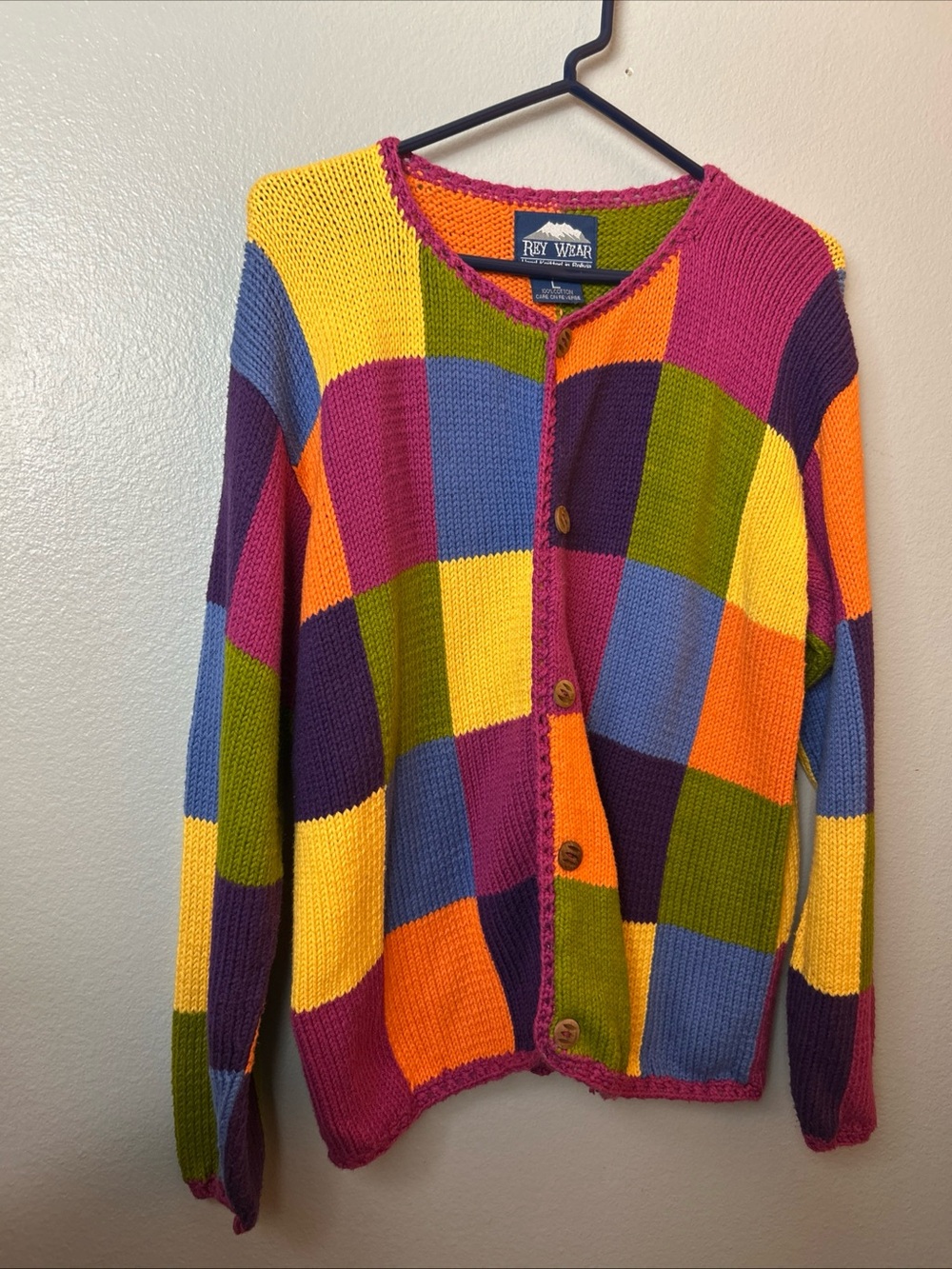 Vintage 90s Rey Wear Multicolor Square Check Pattern Cardigan Sweater Cotton, L